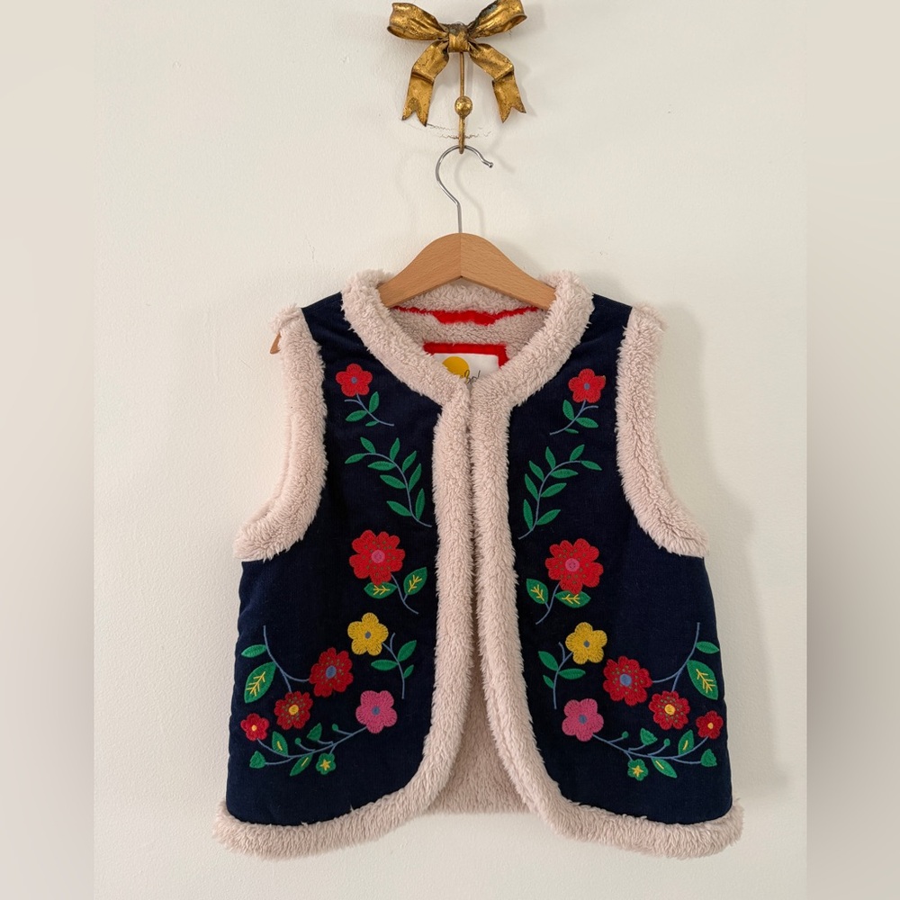 Mini Boden Navy Vest with Red Floral Embroidery